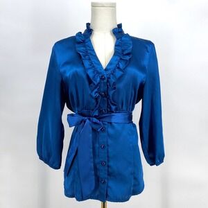AB Studio Regency Ruffle Tie Waist Blouse Blue L Coquette Feminine Retro Satin